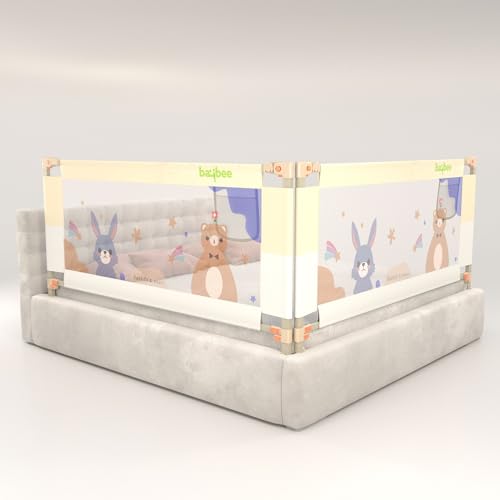 Image of BAYBEE Baby Bed Rail Guard (150x80cm), Bedrail for Baby Safety with 28 Height Adjustable, Portable Bed Side Protector for Babies Falling | Foldable Single Side Bed Railing, 2 Side, (White /Beige)