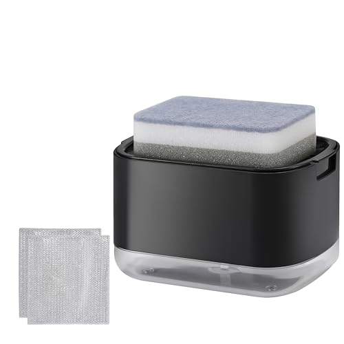 Image of Kitchen Dish Soap Dispenser with Sponge Holder, 2-in-1 Countertop Soap Pump Dispenser, Soap Dispenser for Kitchen Sink with 2-Packs Wire Dishwashing Rag,Black