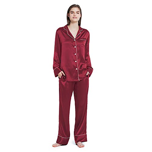 Mommesilk Pijama de seda para mujer, cómodo conjunto de dos piezas con cuello en V y muescas, ropa de dormir de seda de 19 Momme Mulberry, Burdeos, M Cover