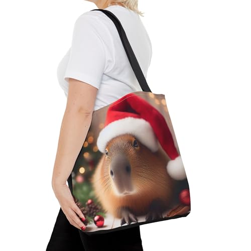 Premium Tote Bag featuring a Christmas Capybara with Santa Hat and Christmas Tree - Reinforced Stitching4