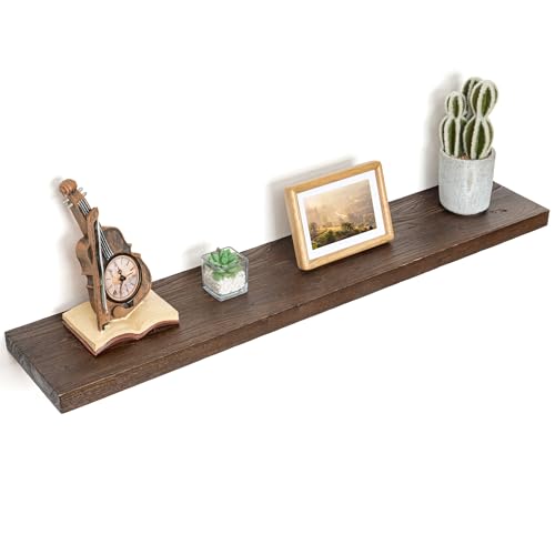 Image of Floating Shelves for Wall Decor, 8 Inch Deep Rustic Solid Elm Wood Floating Shelves Wall Mounted, Wall Shelves with Invisible Bracket for Living Room Bathroom Bedroom Kitchen, 40 Inch Set of 1, Walnut