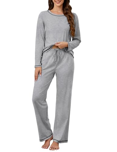 Image of KCW Womens Pajamas Sets 100% Cotton 2 Piece Lounge Set Long Sleeve Tops and Pants Soft Pjs Sleepwear with Pockets