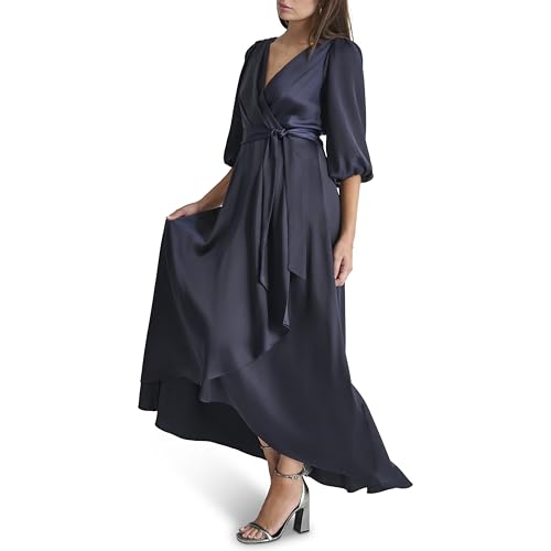 Image of DKNY Women's Balloon Sleeve Satin Faux Wrap Maxi Dress