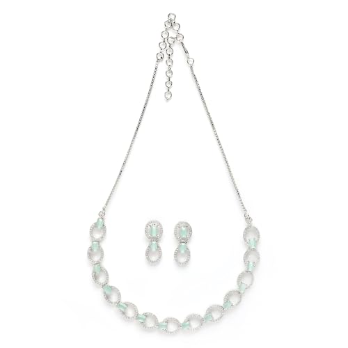 Image of ZENEME Rhodium-Plated American Diamond Studded Disc-Shaped Necklace With Earrings Jewellery Set For Girls and Women