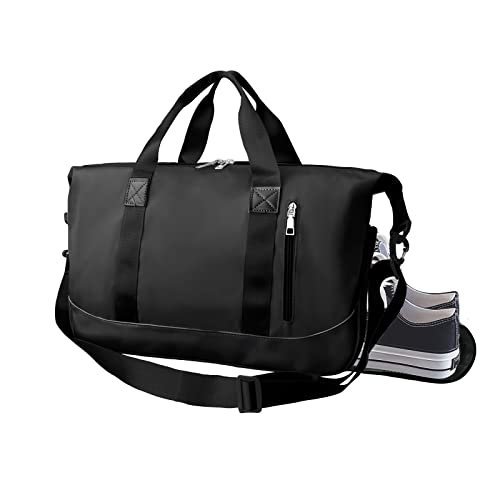 Suruid Sports Gym Bag for Women and Men Travel Duffel Bag Overnight Shoulder Bag Weekender Carry On Workout Bag Portable Sports Tote Bag Lightweight with Shoes Compartment & Wet Pocket (Black)