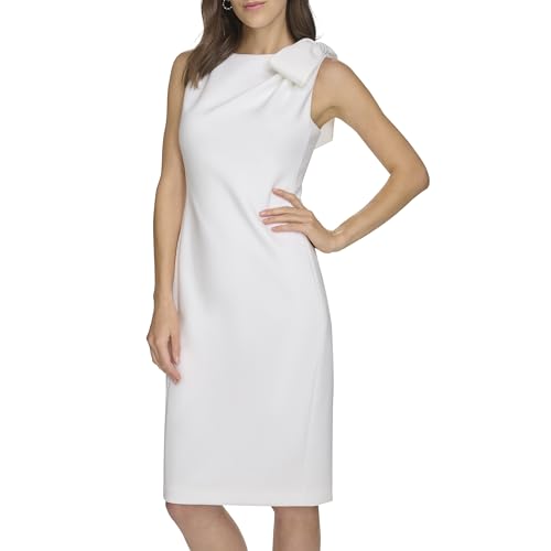 Image of Calvin Klein Women's Sleeveless Bow Shoulder Detail Knee Length Crepe Sheath Dress