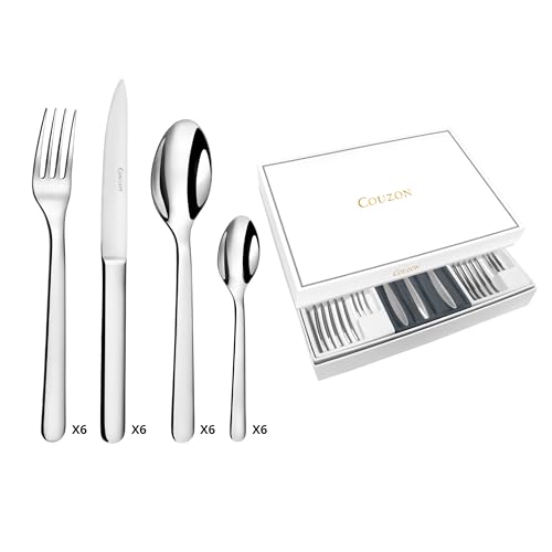 COUZON - Ménagère 24 couverts de table en coffret pour 6 personnes - Alkaline - Acier inoxydable 18/10, Finition Miroir, Epaisseur 4 mm - Inox