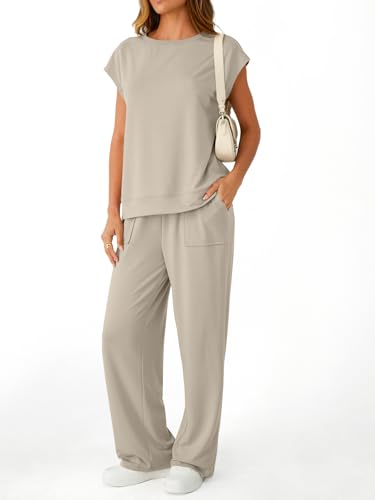 AUTOMET Women's 2 Piece Lounge Set Casual Cap Sleeve Top Wide Leg Pants Summer Vacation Outfits3