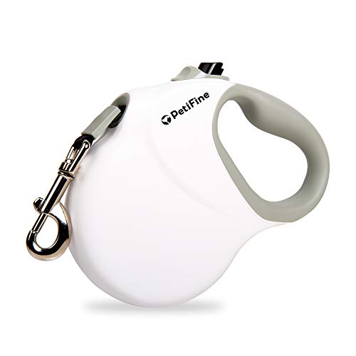 PetiFine 26ft Retractable Dog Leash for Large Breed Dog, Heavy Duty Walking Leash for Large Dogs Up to 110 lbs, Strong Reflective Nylon Tape, 360° Tangle Free, One-Handed Brake, Pause, Lock(White)