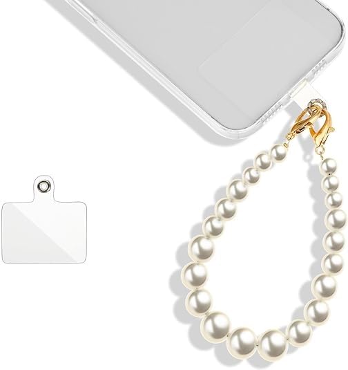 Image of KHOLAD White Bow Phone Chain Crossbody Pearl Strap | 2in1 Wrist & Shouler Crossbody Lanyard | Pearl Beads Charms Chain with Phone Tether Patches | Compatible with Most Phones, Bag, Purse