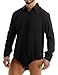 Lpdshaa Men's One-Piece Turn-Down Collar Long Sleeves Button Down Solid Color Bodysuit Shirt Black Large