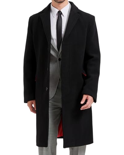 Image of Mens Black Wool Winter Overcoat - Cashmere Blend Bond Topcoat, Single Breasted Formal Dress Coat