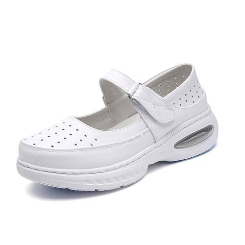 CLSQLXYJZC Women's White Adjustable Nurse Shoes, Summer Casual Breathable Hollow Slip On Non Slip Leather Nursing Shoes, Comfort Mesh Lightweight Running Training, for Hospital Work