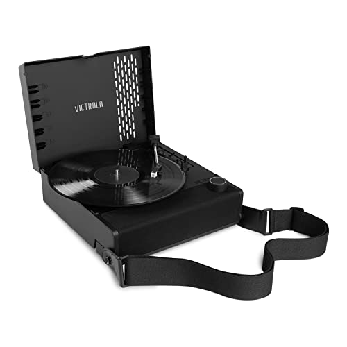 Victrola Revolution GO – Tocadiscos portátil de 3 velocidades con Bluetooth, batería 12 h, transmisión por Correa, Salida RCA y Auriculares 3,5 mm (Negro)