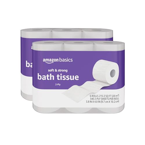 Image of Amazon Basics Soft and Strong 2-Ply Toilet Paper, 12 Ultra Rolls = 48 Regular Rolls, Unscented, 340 Sheet (2 Packs of 6)