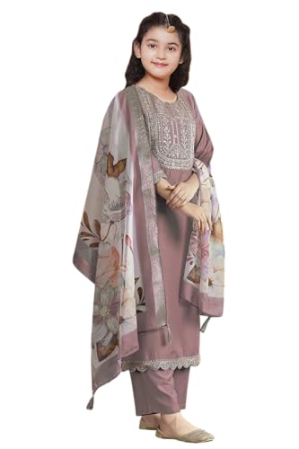 Image of Girls Ethnic Outfit | Embroidered Silk Girls Salwar Suit | Kurta Pant and Jacquard Dupatta Set