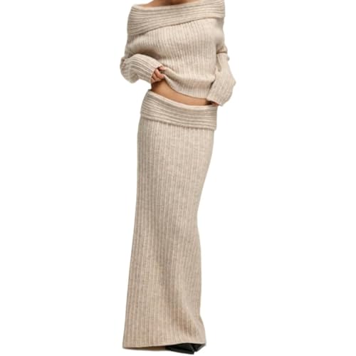 Knit Skirt Sets for Women 2 Piece,Knitted Off-Shoulder Top Knitted Skinny Maxi Skirts 2Piece Set,Loose Fall Casual Outfits