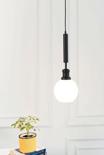 Image of Divine Trends Globe Hanging Pendant Light Black Polished with Frosted Milky White Glass | Hanging Lamp for Living Room | Pendant Ceiling Lamp - Pack of 1