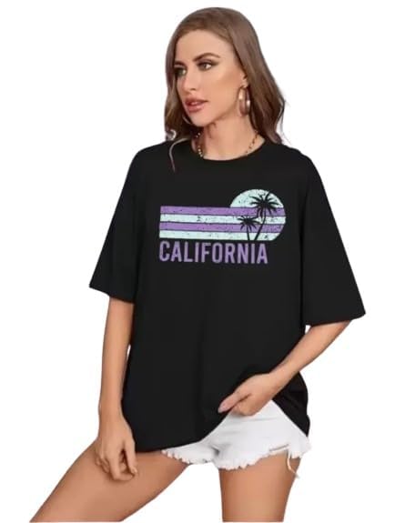REQUIN Women's Cotton Blend Half Sleeves Round Neck Casual Oversized Baggy Fit Cool Graphic Printed Comfortable T-Shirt (Black) (Sizes: S to XL)