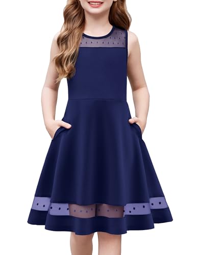 Arshiner Mädchen Kleid Kinder Sommerkleid Ärmelloses Festlicheskleid Mesh A-Linie Partykleid Dunkelblau Rundhals Kinderkleider mit Taschen 11-12 Jahre