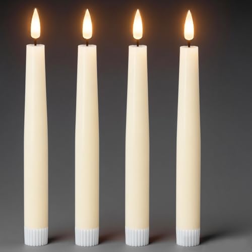 Image of Real Wax Flameless Taper Candles with 6H Timer, LED Flickering Taper Candles Battery Operated with 3D Wick, 4 Pcs Ivory Flameless Candlesticks for Spring Wedding Home Decor