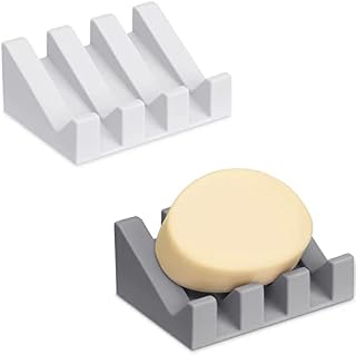 Yeesabella Silicone Soap Dish with Drainage Soap Dishes for Bathroom, Shower, Kitchen, Travel Self Draining Soap Dish Easy Cleaning Soap Tray Holder Saver White & Grey 2 PCS