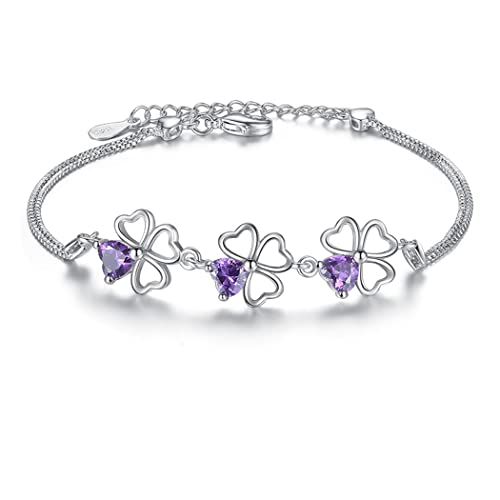 Branets Pulsera con diamantes de imitación morados con trébol de cuatro hojas de la suerte, regalo para siempre para mujeres y niñas Cover