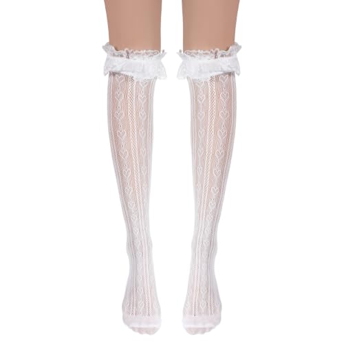 Lace Knee High Socks Thigh High Stocking with Lace Trim White Laces Socks Women Sweetheart Knit Knee Highs With Laces Ruffle Cuff Mesh Sexy White Thigh Highs Sock with Faux Pearls for Women Girl