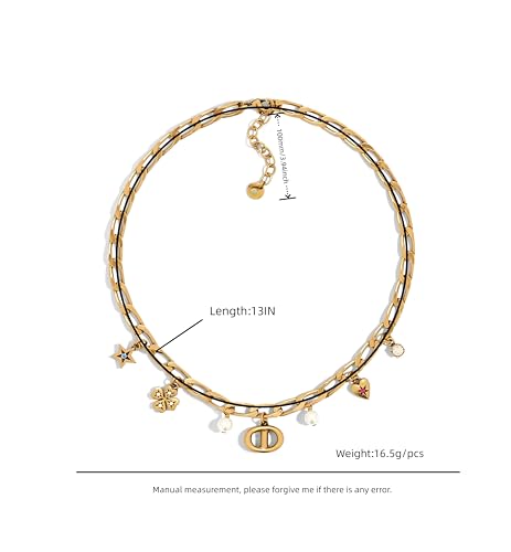 18k Gold Pearl Letter Lucky Charm Pendant Necklace for Women, Adjustable Chain with Heart, Star, Clover Charms, Fashion Jewelry Gift for Women3