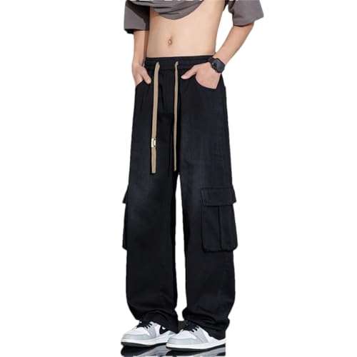 Men Street Trousers Neutral Solid Color Loose Pocket Wide Leg Washing Jean Cargo Pants