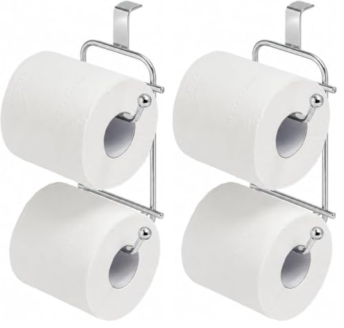 Image of Basicwise Chrome Toilet Tissue Paper Roll Holder Dispenser, Over The Tank Two Slot Tissue Organizer,Silver (Pack of 2)