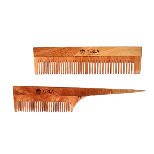Image of YERLA Handmade Kacchi Neem Wooden Comb Set for Women & Men | Herbal Hair Growth Comb Infused with 17 Herbs & 4 Natural Oils | Anti-Dandruff, Frizz Control & Shine | Multi-Size Wooden Comb Combo (Pack of 2)