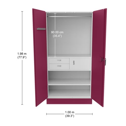 Image of Interio by Godrej Almirah Auraline Men Premium 2-Door Steel Almirah, Cupboard for Clothes (Textured Berry), 1-Year Warranty, 2 Shelves, 1 Locker, 2 Drawers
