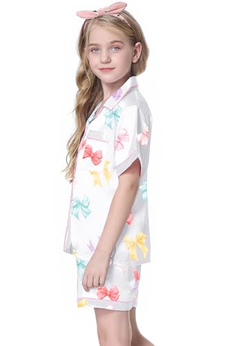 Image of Schbbbta Girls Womens Pajamas, Satin Silky Pjs Set Kids 2Pcs Button-Down Nightwear Sleepwear Gift for Mommy and me