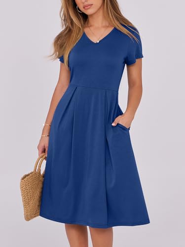 Image of ANRABESS Women Summer Dress Casual Short Sleeve V Neck A-Line Knee Length Pleated Flowy 2026 Fashion Midi Dresses with Pocket