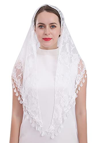 Cilkus Lace veil Mantilla veil Shawl or Scarf Latin Mass Head Cover with Fringed lace (White)