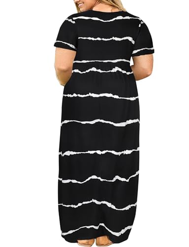 Image of Kancystore Women's Plus Size Maxi Dress with Pockets Summer Dresses XL-5X | Plus Size High Waisted Long Length Beach Dress, Empire Waist Round Neck Casual Dress, Solid Striped Floral Tie Dye Colors