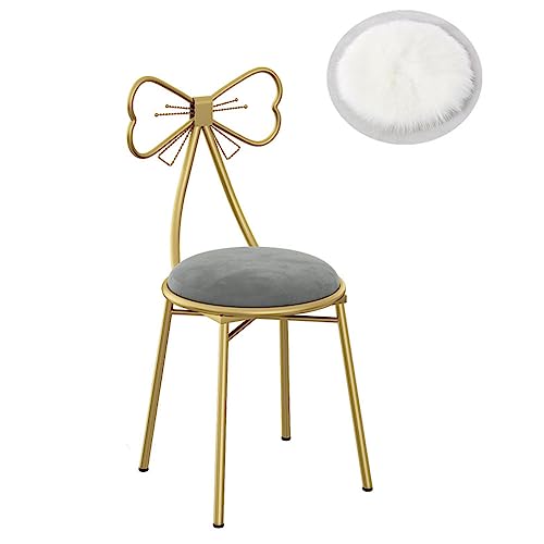 ドレッサーチェア スツール ダイニングチェア デスクチェア 化粧椅子 ラウンジチェア メイクアップチェア イス鏡台用 創造的なリボンの形の装飾背もたれ椅子ゴールデンPUレザー フランネル 柔らかい 寝室 化粧台 美容院 家庭用 (スタイル1:グレー(フラン