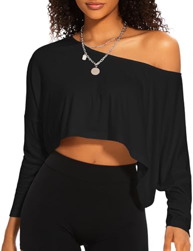 Loose Off The Shoulder Crop Tops for Women Long Sleeve Oversized Crop Tops Workout Spring Summer Casual T Shirt
