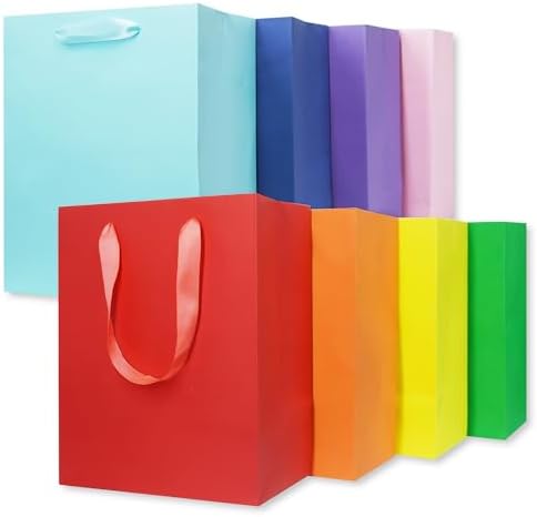 MOXARYSU 8 Pcs Medium Gift Bags With Handles: 8x5x10 Rainbow Colour Gift Bags Kraft Paper Party Favor Bags For Party,Birthday,Baby Shower（8 Colors, Without Tissues Paper）