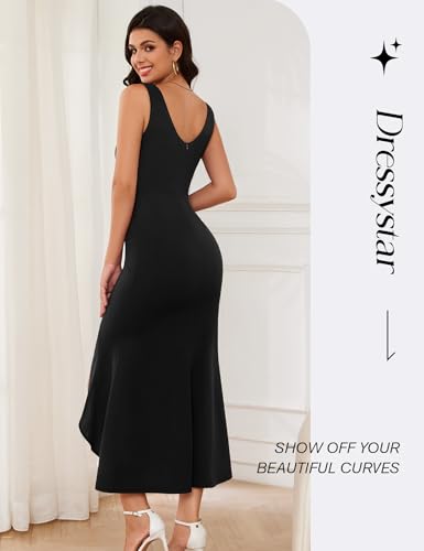 Dressystar Women’s Square Neck Midi Bodycon Cocktail Dress 2025 Fall Sleeveless Slit Ruffle Formal Wedding Guest Dresses3