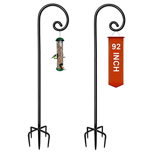 Koutemie 92 Inch Outdoor Shepherd Hook for Hanging Plant, Adjustable Heavy Duty Bird Feeder Pole with 5 Prong Base for Solar Lanterns, Black & 2 Packs