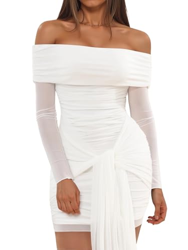 Off The Shoulder Mesh Dress Long Sleeve Ruched Bodycon Dress for Women Tie Waist Dresses