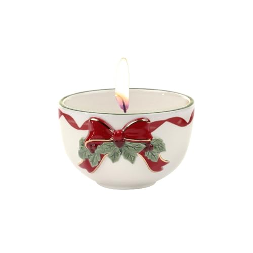 Spode Christmas Tree Ribbons Tea Light Candle Holder, 22K Gold Accents on Fine Earthenware, 3.75
