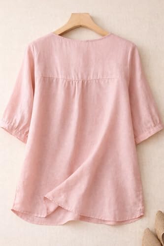 Image of RIEKA Womens Elegant Beige Floral Embroidered Tunic Top with Scalloped V Neck, Elbow Length Sleeves, Relaxed Fit, Lightweight, Casual Ethnic Style Top