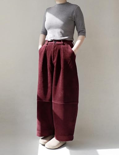 UANEO Womens Corduroy Pants Casual Relaxed Wide Leg Pleated Trousers Button Zipper Closure Pants with Pockets 6