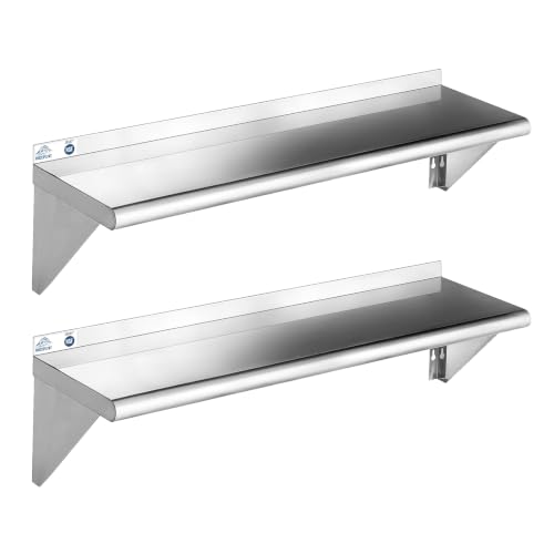 ROCKPOINT Stainless Steel Shelf 12 x 48 Inches 350lb, 2 Pack NSF Commercial Wall Mount Floating Shelving with Backsplash for Restaurant, Kitchen, Home and Hotel, Silver