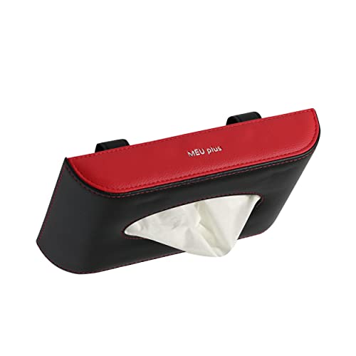 MEU plus(ミウプラス) 車用ティッシュケース ティッシュボックス サンバイザー取付 吊り下げ PUレザー 簡単取付 ワンタッチ取付 (ブラック×レッド)