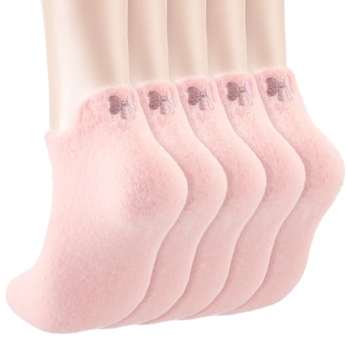 Image of Skicuff 5 Pair Women Bow Fuzzy Socks Coquette Cozy Fluffy Ankle Slipper Socks for Women Girls Gifts(Pink)