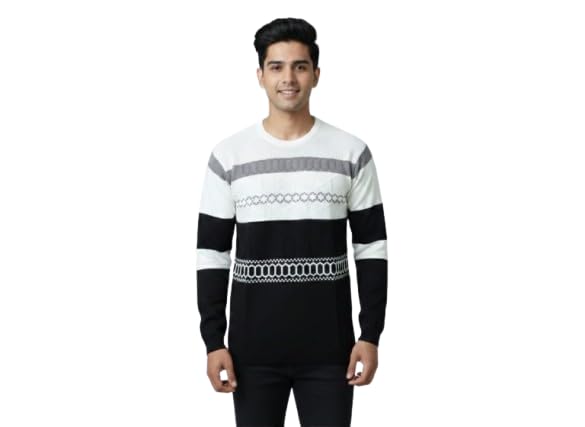 myreva Men's Cotton Striped Sweater, Black and White Color Block, Long Sleeve Crew Neck Knit Pullover with Geometric Pattern-picture-31